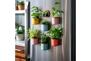 Vasos magnéticos em geladeiras para cozinhas compactas